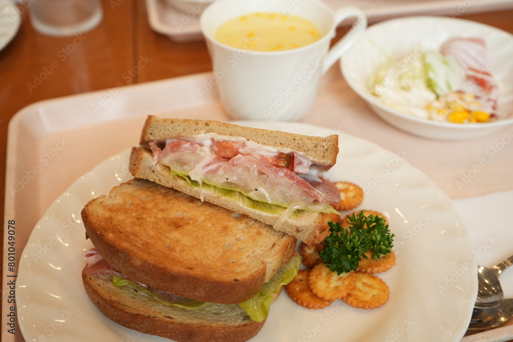 Delicious Prosciutto Ham or Dry-Cured Ham Sandwich made of Toasted Bread, Ham and Lettuce on plate - 生ハム サンドウィッチ Delicious Prosciutto Ham or Dry-Cured Ham Sandwich made of Toasted Bread, Ham and Lettuce on plate - 生ハム サンドウィッチ