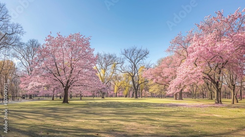 A panorama of a park filled with cherry blossom trees, their branches covered in delicate pink flowers