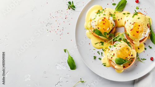 Plates with delicious eggs Benedict on white table