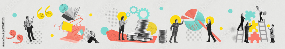 © Lustre Art Group  - Banner. Contemporary art collage. Young man shouting to megaphone to motivate people to work and make new strategies for business development. Concept of business process, investment, planning.