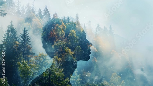A womans face is prominently featured against a backdrop of trees and fog in a double exposure photograph