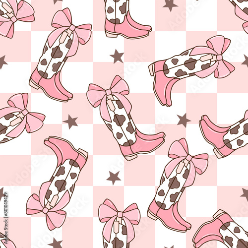 Draw seamless pattern checkerboard  coquette bows cowgirl boots