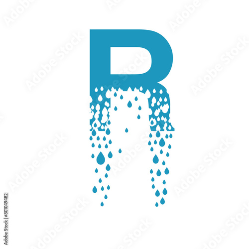 The letter R dissolves into droplets. Drops of liquid fall out as precipitation. Destruction effect. Dispersion