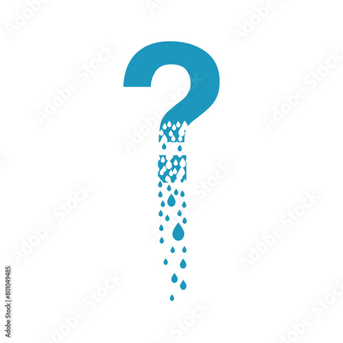 The question mark dissolves into droplets. Drops of liquid fall out as precipitation. Destruction effect. Dispersion