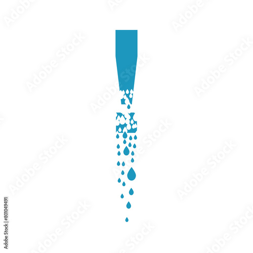 The exclamation point dissolves into droplets. Drops of liquid fall out as precipitation. Destruction effect. Dispersion