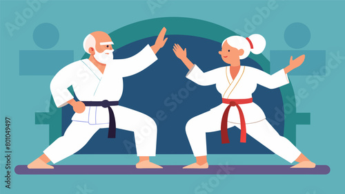 An elderly couple practices together in a karate class promoting teamwork and companionship while also reaping the physical and mental benefits