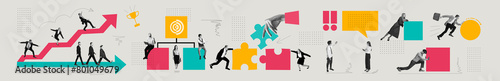 Banner. Contemporary art collage. Symbolic representation of people working in various fields and achieving success through obstacles to growth. Concept of business development, marketing, strategy. photo