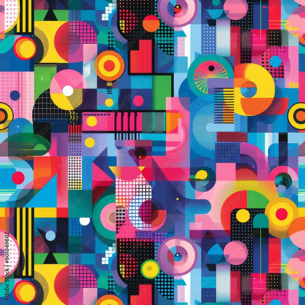Create a seamless vector pattern based on the Memphis Milano design movement. The pattern should feature bold colors, geometric shapes, and a playful, retro style. Create a seamless vector pattern based on the Memphis Milano design movement. The pattern should feature bold colors, geometric shapes, and a playful, retro style.