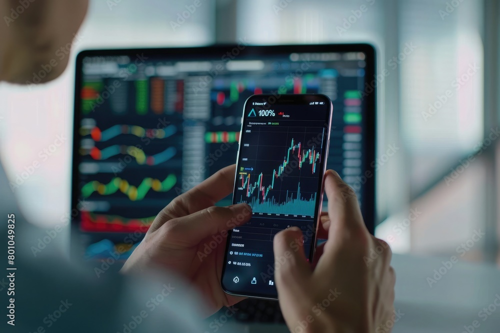 business, technology, internet and people concept - close up of man with laptop computer and smartphone with stock market chart on screen over office background business, technology, internet and people concept - close up of man with laptop computer and smartphone with stock market chart on screen over office background