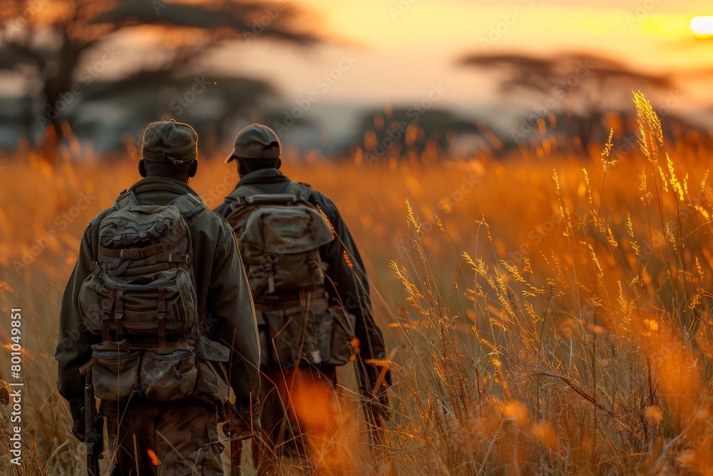 Two soldiers with backpacks trek across a golden field with tall grass under a warm sunset sky, showcasing camaraderie and duty Two soldiers with backpacks trek across a golden field with tall grass under a warm sunset sky, showcasing camaraderie and duty