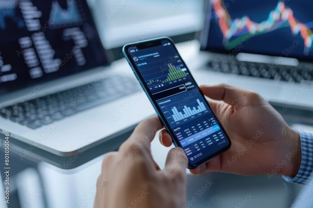 business, technology, internet and people concept - close up of man with laptop computer and smartphone with stock market chart on screen over office background business, technology, internet and people concept - close up of man with laptop computer and smartphone with stock market chart on screen over office background