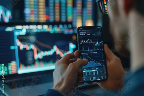 business, technology, internet and people concept - close up of man with laptop computer and smartphone with stock market chart on screen over office background