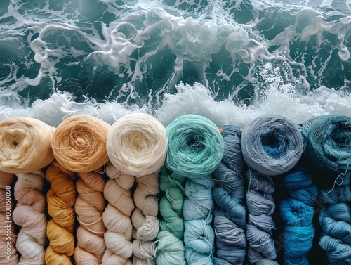 A set of colorful threads and plastic bobbins for sewing machines. Yarn Textiles Made from Ocean Plastics