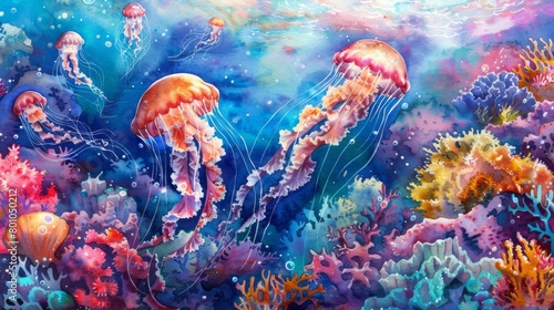 Vibrant Watercolor Painting of Jellyfish in a Colorful Coral Seascape