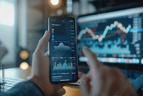 business, technology, internet and people concept - close up of man with laptop computer and smartphone with stock market chart on screen over office background