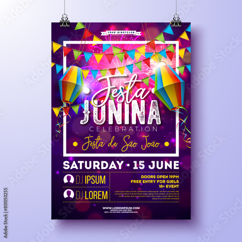 Festa Junina Party Flyer Design with Flags, Paper Lantern and Typography Design on Fireworks Background. Vector Brazil June Festival Illustration for Celebration Poster or Holiday Invitation