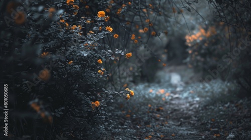 A dark and moody forest with a path leading through it. The trees are bare, and the only light comes from a few small yellow flowers. © Sittipol 
