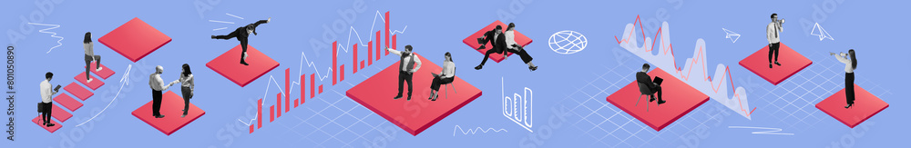 Fototapeta premium Banner. Contemporary art collage. Group of young workers engrossed in teamwork, dissecting charts as they propel their startup towards success. Concept of business development, marketing, strategy.