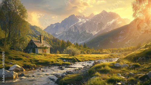 village in the mountains sunrise in the landscape  water flowing in streams  beautiful image