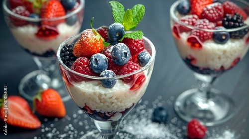 Delectable Mixed Berry and Cream Rice Dessert in Glass Cups