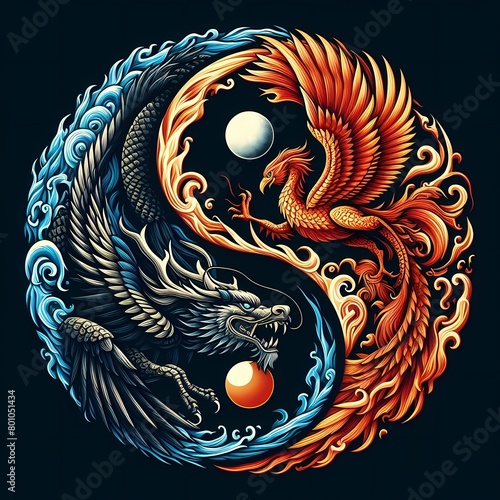 AI Generate A Dragon and Phoenix flying in circle create a yin yang pattern