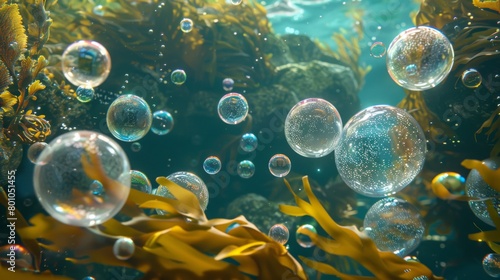 Enchanting Underwater Seascape with Sparkling Bubbles and Seaweed © Oksana Smyshliaeva