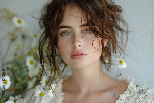 Charming Young Woman Posing with Daisies in the Style of Expressive Eyes