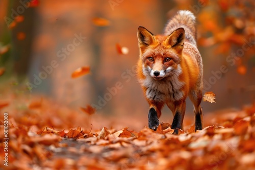 Action-Packed Wildlife Landscape: Red Fox Running in Fall Forest Habitat. Close-up Portrait of Cute