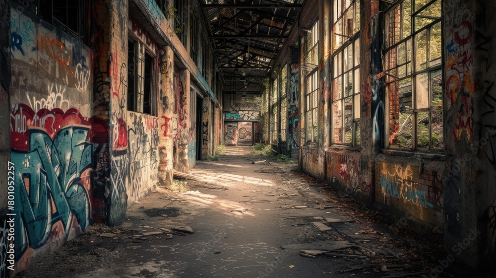 Fototapeta premium Dark vintage urban alley back yard with graffiti