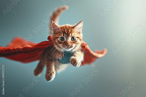 Furry hero, a ginger cat wearing a superhero red cape costume, flies through the air on a light blue background to help people. © Surachetsh