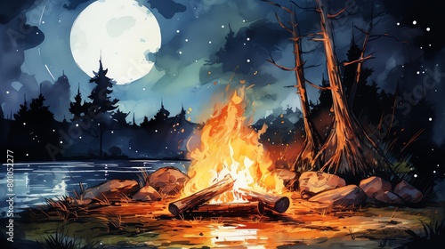 A beautiful watercolor painting of a campfire at night