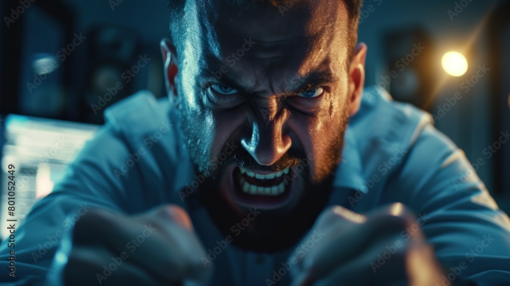 Mad male worker lose temper scream loudly having computer problems or virus attack, furious man shout experience laptop breakdown or data loss while working Mad male worker lose temper scream loudly having computer problems or virus attack, furious man shout experience laptop breakdown or data loss while working
