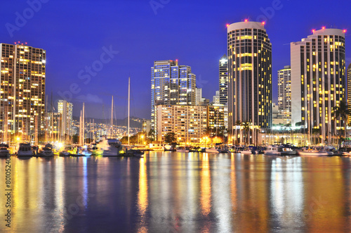 Night lights of Honolulu's Ala Wai Boat Harbor on the Island of Oahu, Hawaii. 