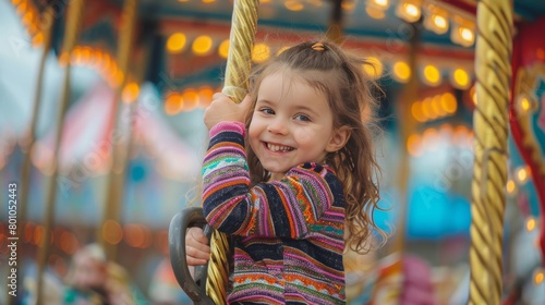 Little girl riding a carousel at a fair and smiling at the camera. photo