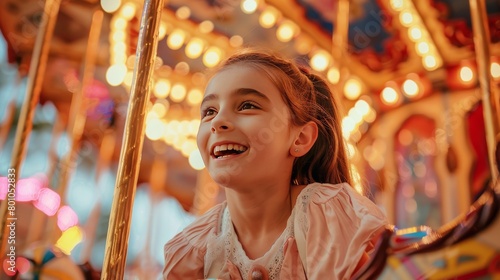 Little girl riding a carousel at a funfair and smiling