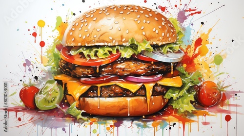 A watercolor painting of a delicious cheeseburger with all the fixings, including lettuce, tomato, onion, and pickles