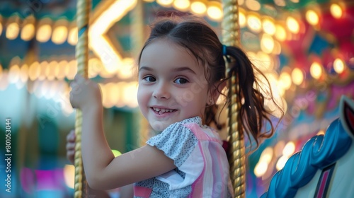 Little girl riding a carousel at a funfair and smiling