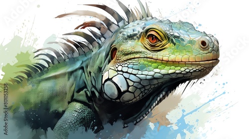 A watercolor painting of an iguana with a white background