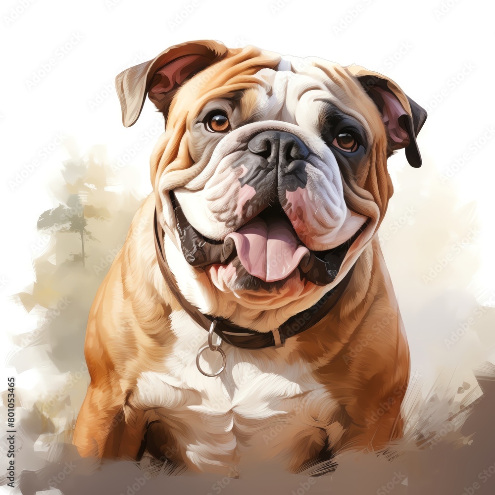 An illustration of a happy bulldog, looking up with a big smile on its face.
