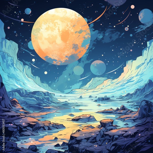 An illustration of a beautiful alien landscape with a large moon and blue water.