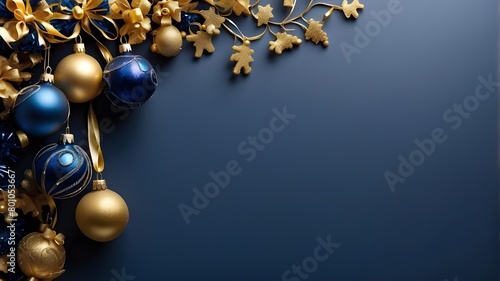 simple background for Christmas and New Year's. A navy blue background with golden and blue glass balls hanging on a ribbon, along with copy space for writing. The notion of Christmas and New Year's f