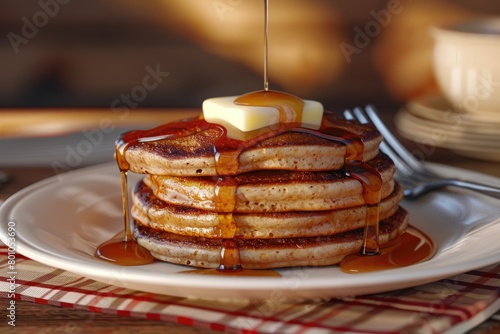 Savory Breakfast Delight: Fluffy Pancakes and Sausage Stack Served with Butter and Syrup on Fork