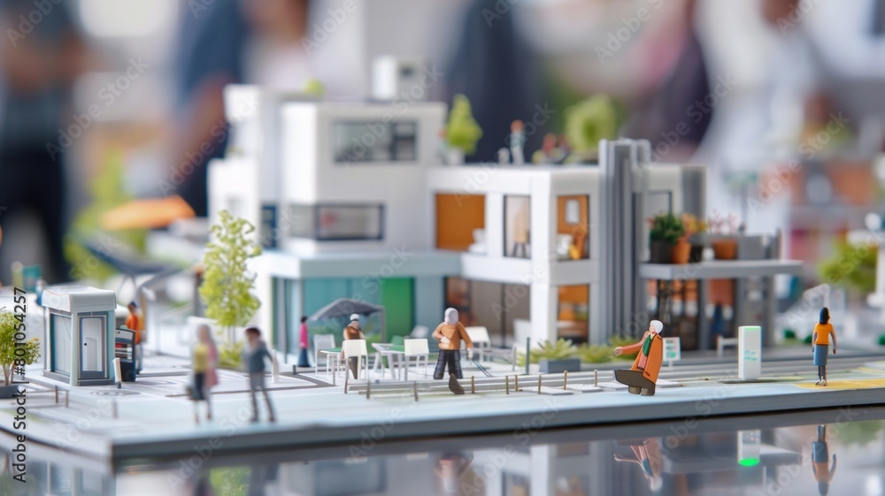 A group of people are walking around a model of a city