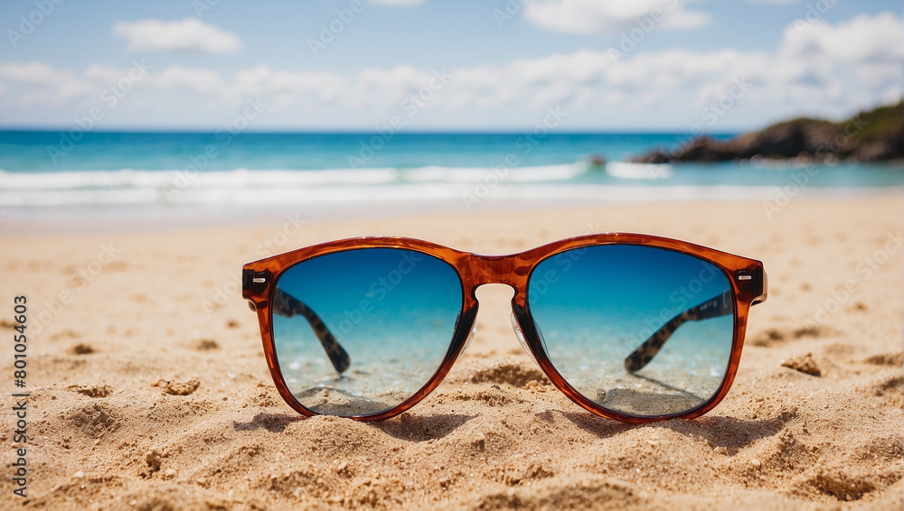 A pair of brown plastic sunglasses is resting on light brown sand. The sunglasses have a dark blue tint and are reflecting the bright blue ocean and white clouds behind them.

