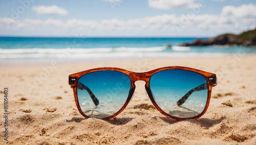 A pair of brown plastic sunglasses is resting on light brown sand. The sunglasses have a dark blue tint and are reflecting the bright blue ocean and white clouds behind them.