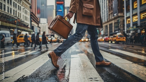 A man in a brown coat and blue jeans is crossing a busy street in New York City. photo