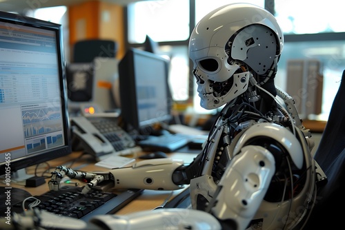 Advanced Artificial Intelligence Cyborg Technician Diligently Working at Computer Workstation in