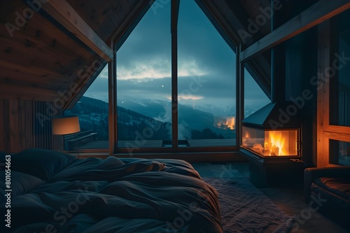 Cozy Cabin Retreat with Breathtaking Mountain Landscape View Through Massive Window © milkyway