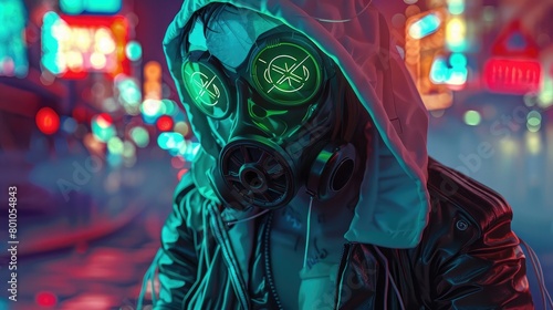 Fashion cyberpunk girl in white hoodie leather jacket wears gas mask filters. Colorful 3d render of human skull with cross in eyes, glowing green wires on night light bokeh in city. #801054843