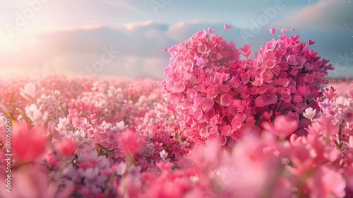 In a sea of pink flowers, a huge heart rises, and the atmosphere of Valentine's Day permeates the air, in the Rococo style, UHD, high quality